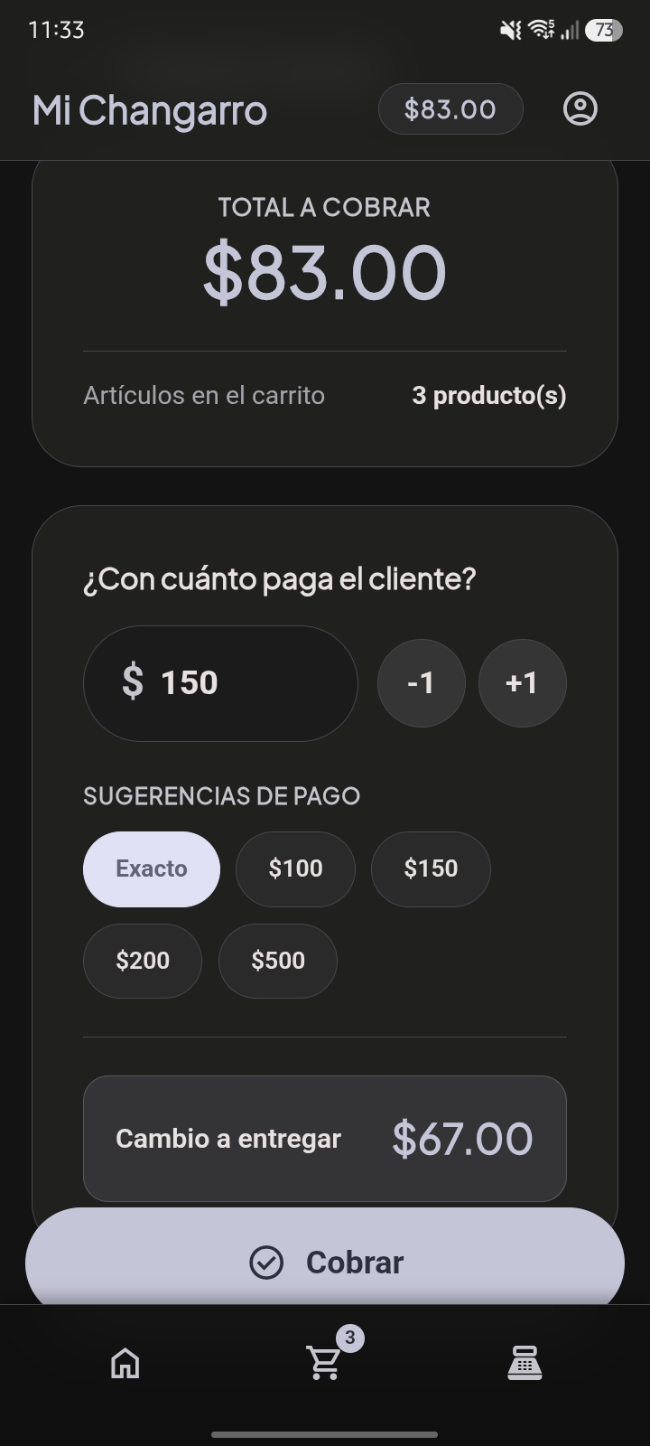 Pantalla de cobro con sugerencias de billetes y cálculo de cambio