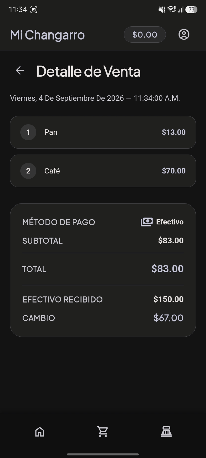 Detalle de venta realizada con desglose de pago y cambio