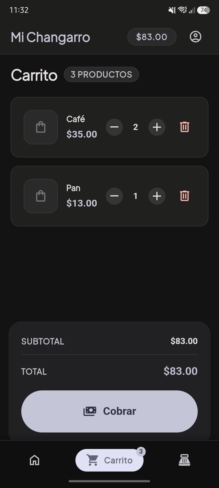 Pantalla de Carrito con selección y cálculo de productos