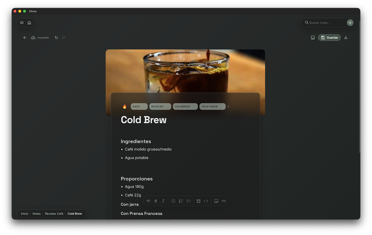 Pantalla del Editor Tiptap y barra de herramientas markdown