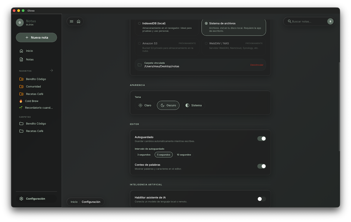 Pantalla de configuración y conexión con IA privada